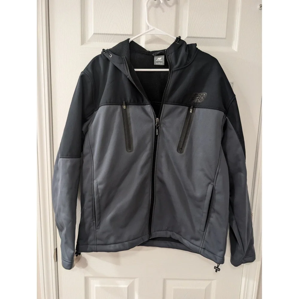 New Balance, Mens L, Soft Shell Full Zip Hooded Jacket, Fleece Lined, Black/Gray